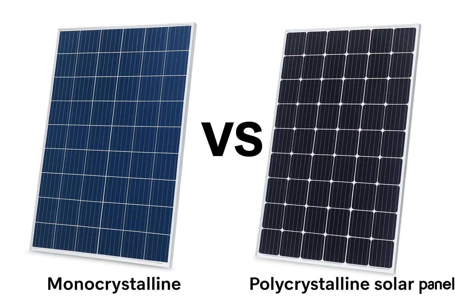 Side by side comparison of polycrystalline and monocrystalline solar panels showing blue-tinted polycrystalline panel on left versus black monocrystalline panel on right with VS text between them
