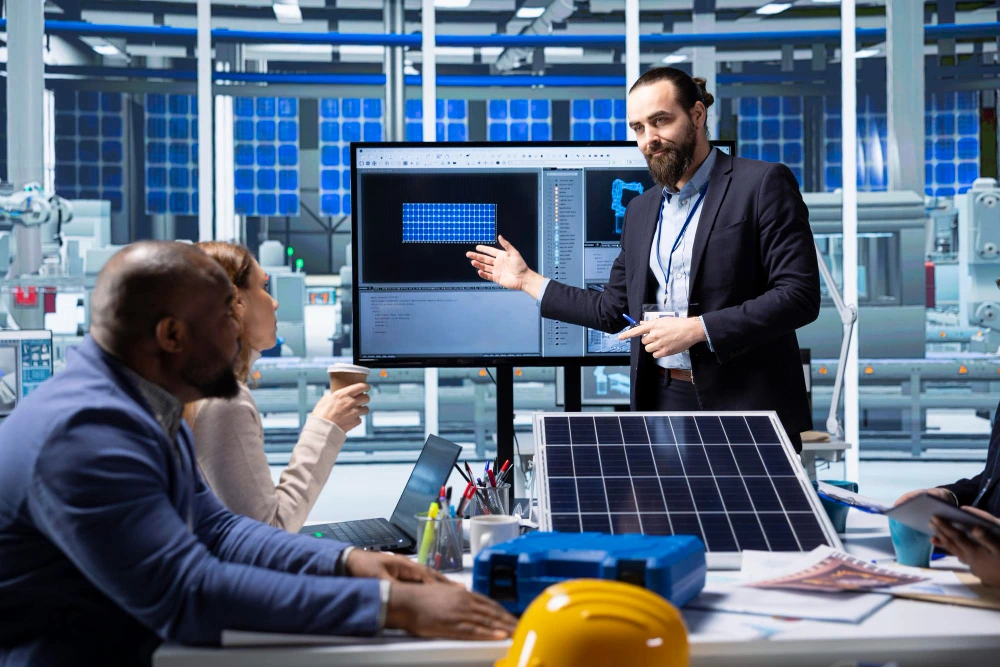 A solar energy engineer presenting technical data on monitor to a homeowner with solar panel on meeting table in modern manufacturing facility