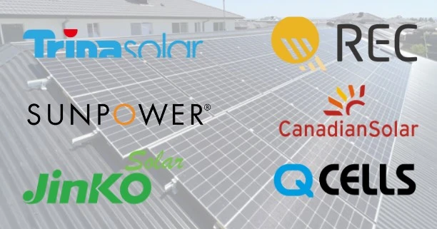 eading solar panel manufacturer logos displayed over rooftop solar panel installation including Trina Solar, REC, SunPower, Canadian Solar, JinKO, and Q CELLS ec