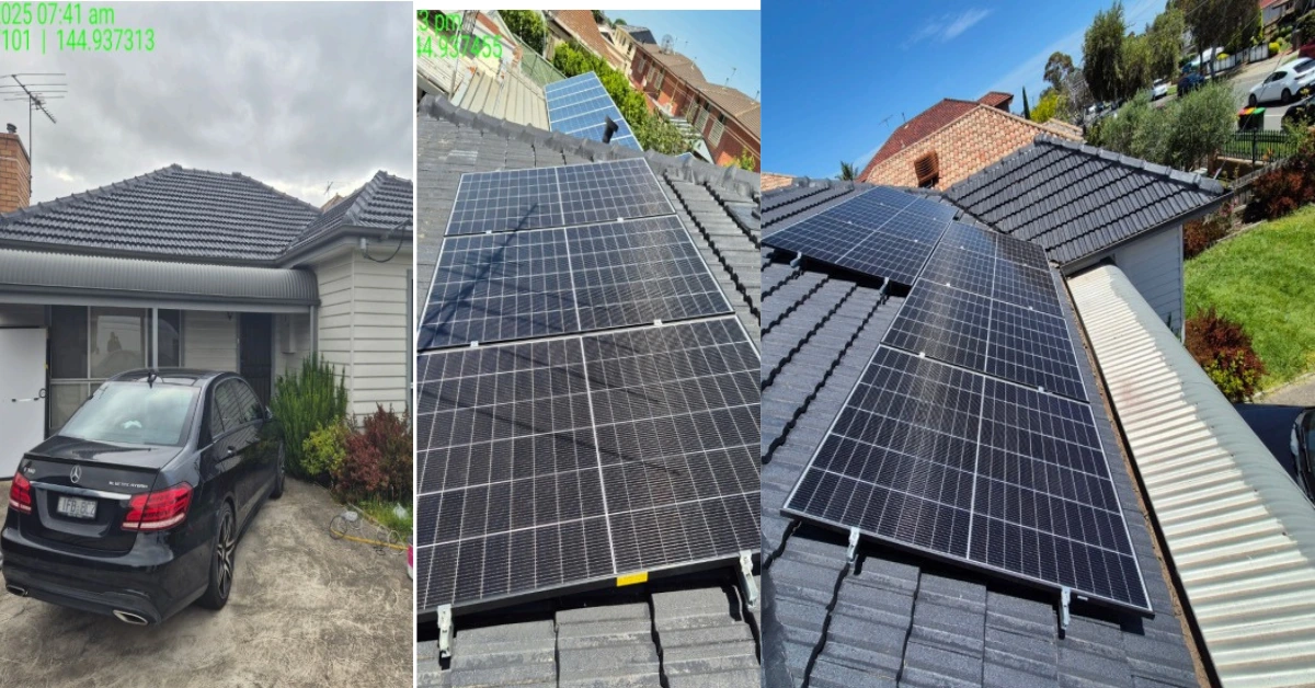 Residential rooftop solar panel installation showing multiple photovoltaic arrays mounted on tiled roof with house and car in driveway