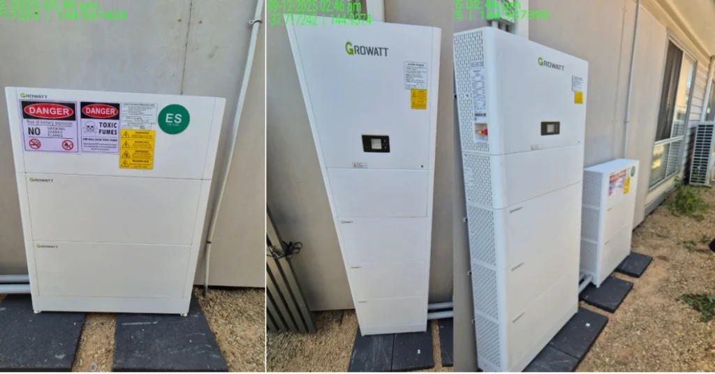 Growatt battery storage systems installation with multiple white cabinet units placed on outdoor concrete pads- "Discover how a Pascoe Vale homeowner saved $22,226 with a 20 kW solar system & 44.8 kWh battery—maximise your energy savings today!"