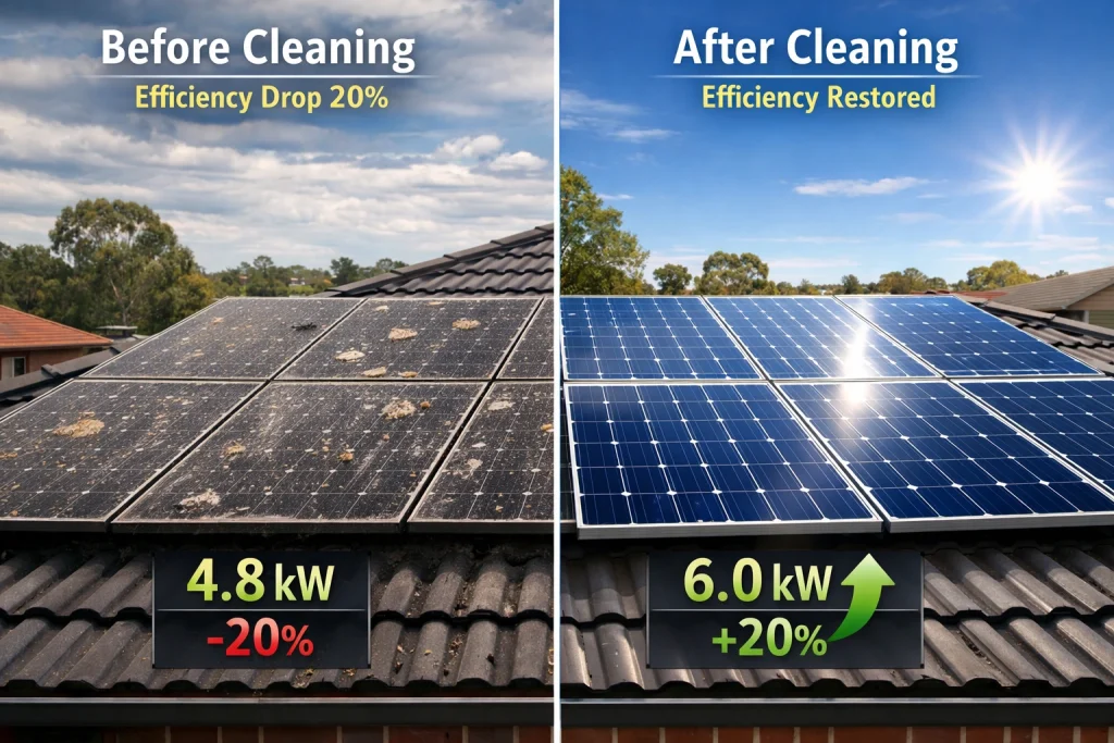 Before and after solar panel cleaning demonstration showing dirty panels at 4.8kW with 20% efficiency loss versus clean panels at 6.0kW with restored performance-Should you clean solar panels in Vectoria?