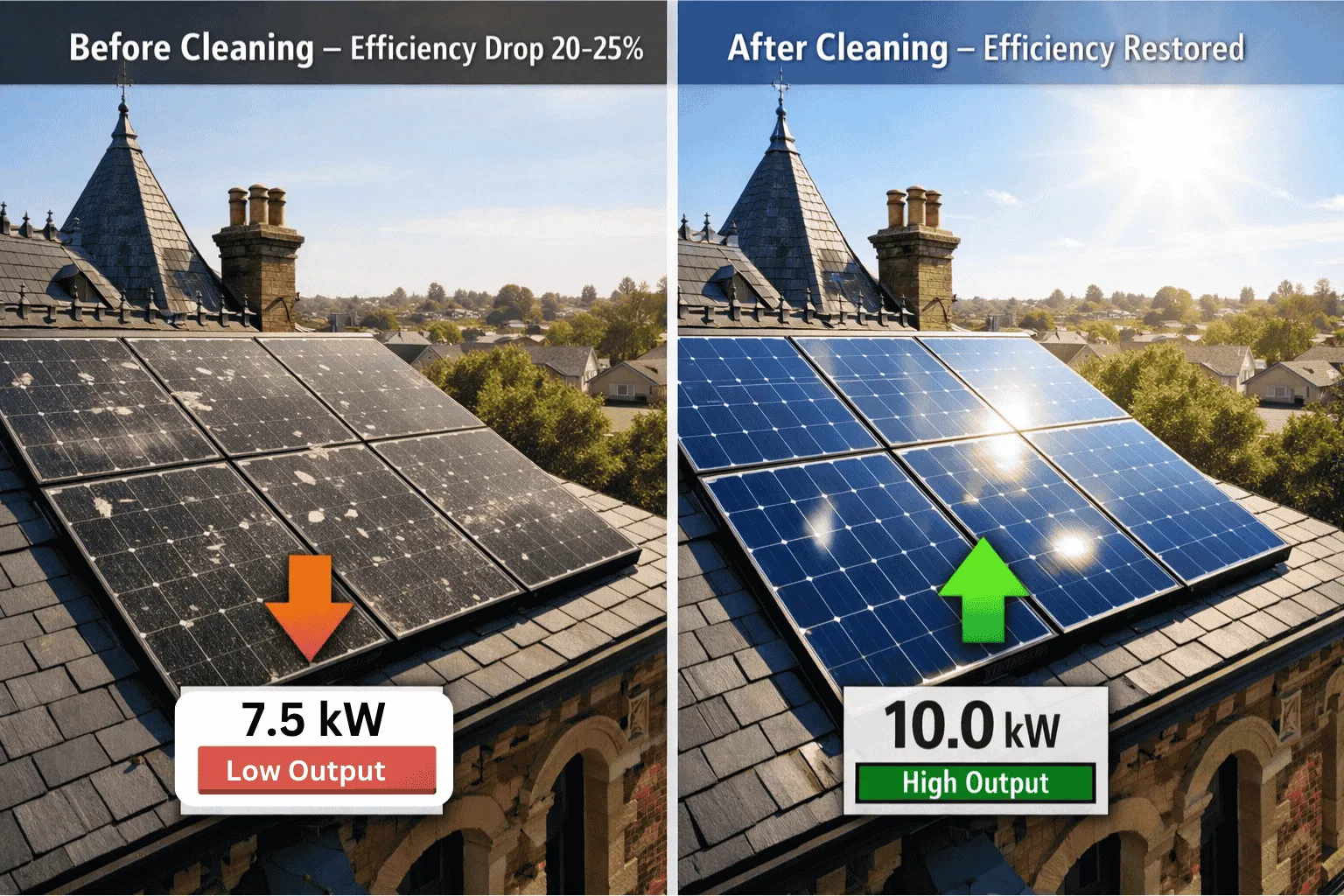 Solar panel cleaning before and after comparison showing efficiency improvement from 7 .5kW to 10kW output with 20-25% efficiency drop restored on residential rooftop