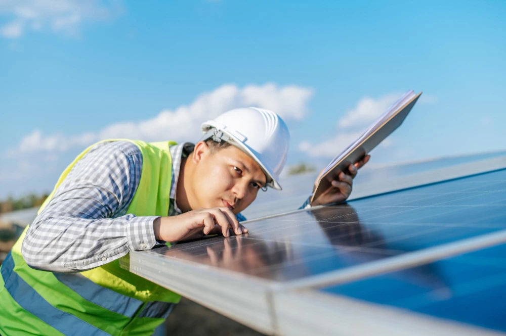 solar panel technician in safety vest and hard hat examining solar panels on rooftop with tablet and inspection tools before installation