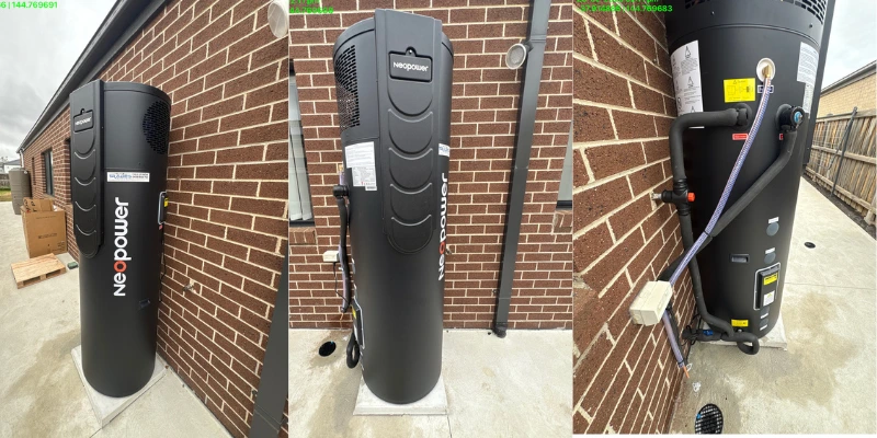 Neopower heat pump hot water system installation - three-panel view showing front, rear, and plumbing connections against brick wall in point cook 
