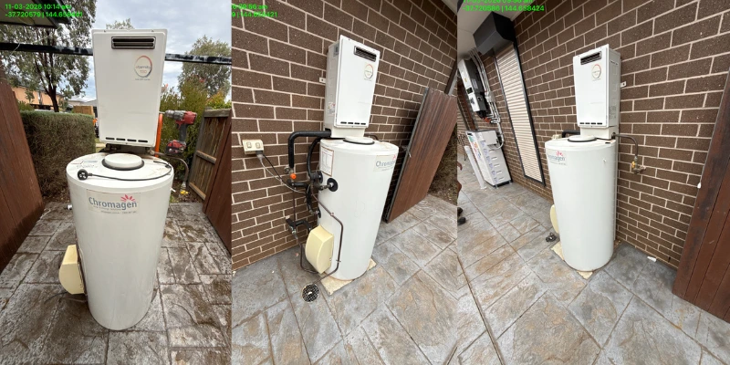 Old Chromagen gas hot water system with wall-mounted continuous flow unit being removed from Aintree property during upgrade to iStore heat pump — three stages of decommissioning shown