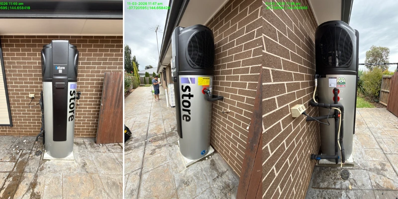 iStore heat pump hot water system delivery and installation process at Aintree home — unit staged before install, positioned against brick wall, and fully plumbed and connected