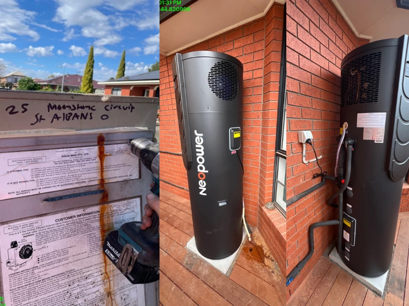 Before and after hot water system upgrade at 25 Moonstone Circuit St Albans showing old Aquamax removal and new Neopower heat pump installation