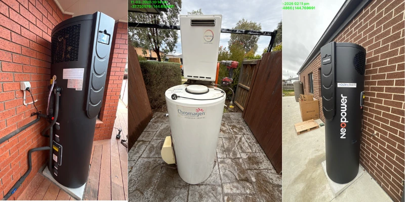 Neopower heat pump hot water system mounted against a brick wall outside a new home