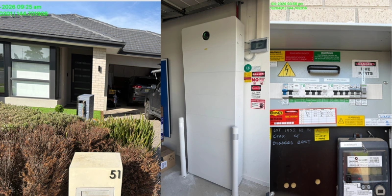 Three-panel view of a white home battery energy storage system installed in a residential garage, showing front, side, and corner angles with safety warning stickers