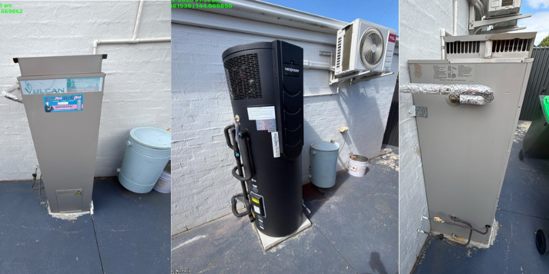 Vulcan gas hot water system and Neopower black heat pump hot water system installed on rooftop terrace with old gas unit alongside