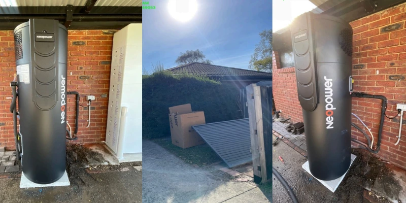 Three views of a Neopower heat pump hot water system installed against a brick wall exterior, shown from left, center, and right angles