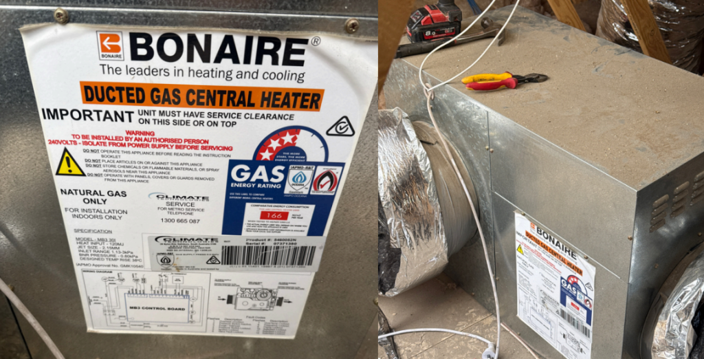 The existing Bonaire ducted gas central heater at this Donnybrook property, heating only, ageing, and expensive to run.