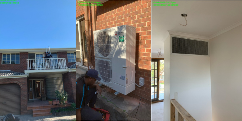 A Mitsubishi ducted air conditioning system installation including the indoor unit in the roof cavity with insulated refrigerant pipes, open control board with wiring and circuit components, a Mitsubishi wall-mounted thermostat controller, and the outdoor condenser unit installed beside a brick walll