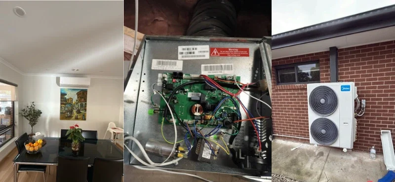 Heating and Cooling System installation showing dining room indoor wall unit, ducted system circuit board in roof cavity, and Midea outdoor unit mounted on brick wall exterior