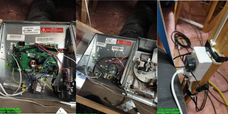 HVAC ducted system internal components including circuit board, motor unit, and electrical wiring connections in roof cavity