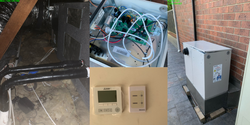 Collage of a Mitsubishi ducted air conditioning installation showing a technician working on the roof of a two-story brick home, a technician crouching beside the large Mitsubishi outdoor condenser unit mounted on a brick wall, and a ceiling-mounted linear air vent inside a freshly finished white interior room