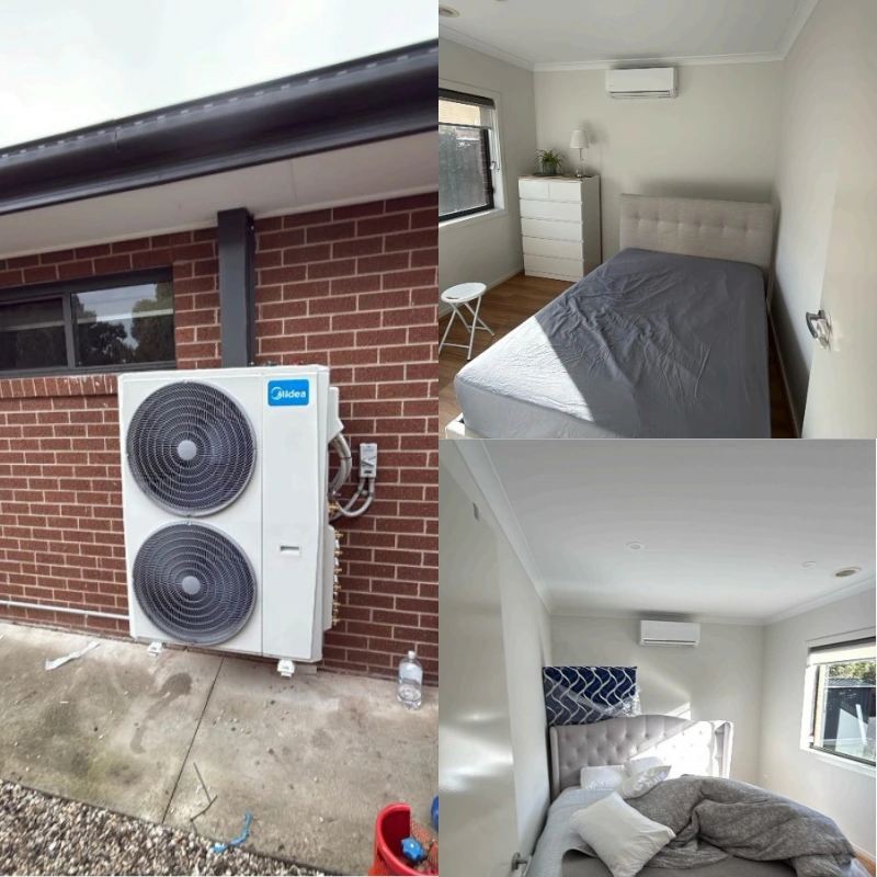 Midea multi-split air conditioning installation with large outdoor unit on brick wall and two bedroom indoor wall units