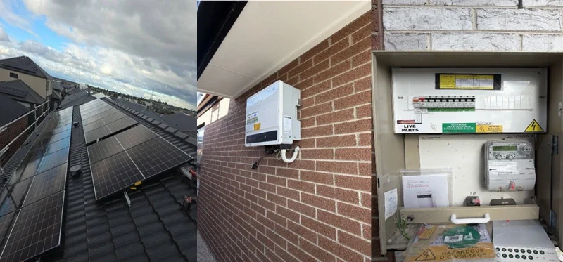 10.45kW solar system installation Mount Cottrell showing roof-mounted Trina Solar panels GoodWe GW10K-MS inverter wall-mounted on brick exterior and completed single storey home