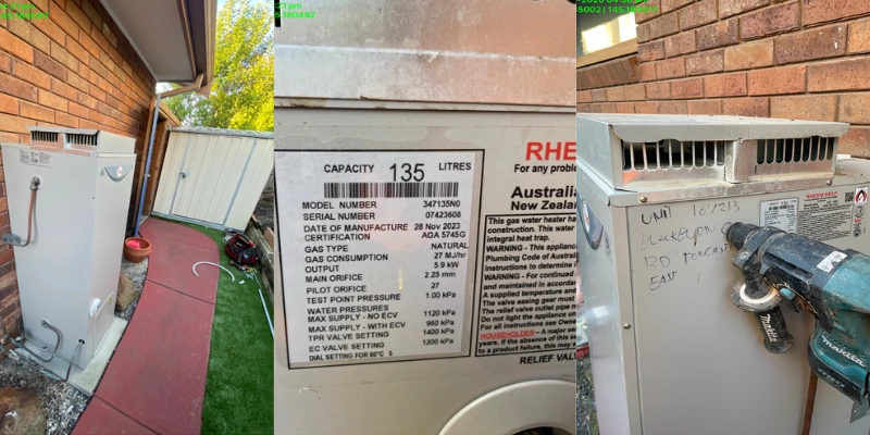 removal of an old Rheem 135-litre natural gas water heater with a power drill visible
