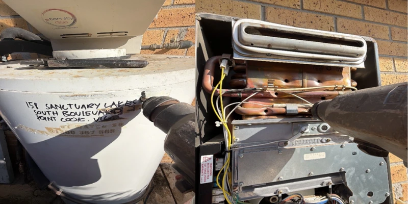 Old Eternity G26 gas hot water unit decommissioned in Point Cook, with close-up of internal components disconnected by licensed gasfitter