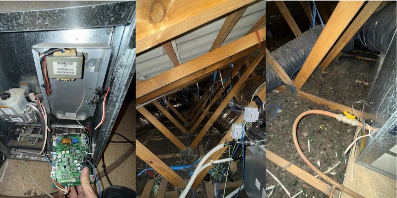 ducted gas heater motherboard removed during decommissioning alongside new Panasonic ducted system installation in roof cavity, Pakenham VIC, showing zone wiring, copper refrigerant lines, and insulated ductwork