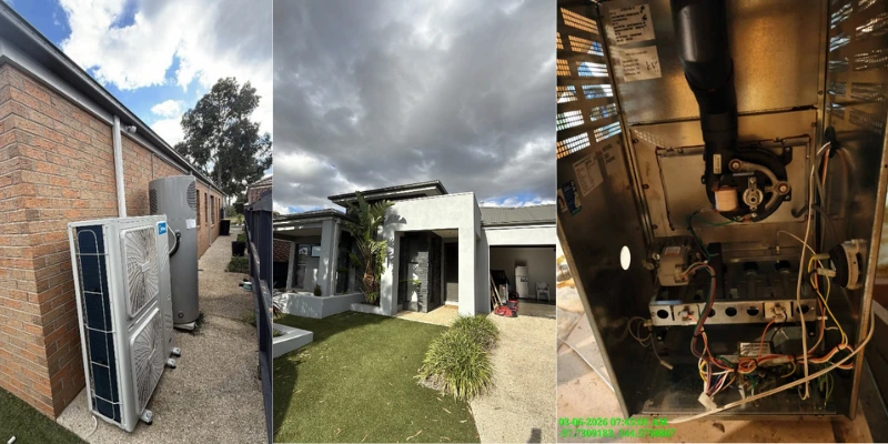 Midea reverse cycle ducted heating and cooling outdoor unit installed beside brick home with old gas ducted heater internals decommissioned with help of VEU Rebates
