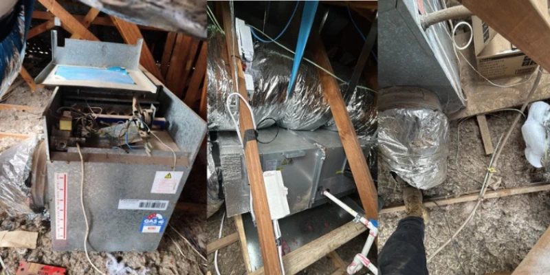 Old gas ducted heater being decommissioned from roof cavity during gas-to-electric heating upgrade in Tarneit VIC by Green Electric Solutions
