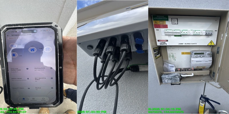 Solar battery system monitoring app displaying grid code and operating status, inverter cable connections, and upgraded switchboard with circuit breakers installed during solar upgrade