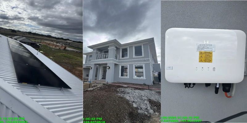 Solar panels installed on roof of newly built two-storey home in Clyde North, with wall-mounted solar inverter completing the system installation