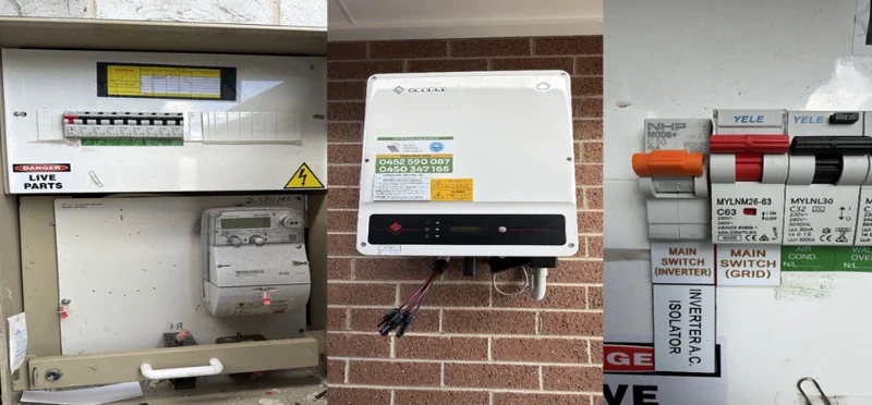 GoodWe GW10K-MS inverter installed on brick wall with Green Electric Solutions branding switchboard showing main switch inverter AC isolator labels and live parts warnings at Mount Cottrell VIC