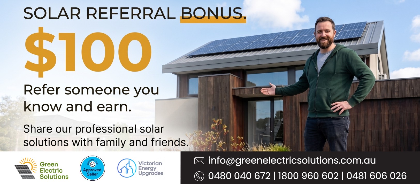 Solar referral program Melbourne — earn $100 when you refer a friend to Green Electric Solutions