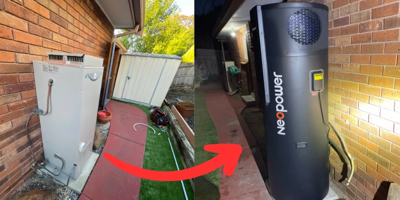 Before and after comparison showing replacement of an old Rheem gas water heater with a new Neopower heat pump water heater installed against a brick wall outdoors