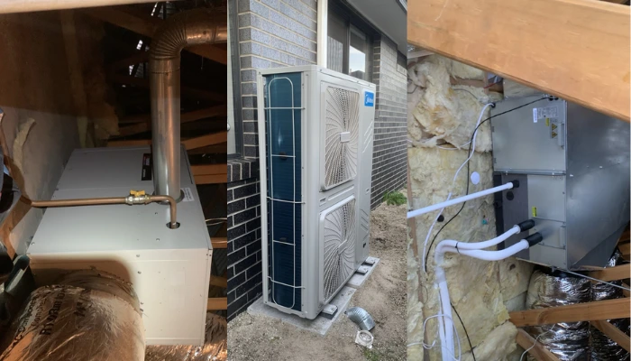 Ducted heat pump installation showing roof-space unit, outdoor condenser, and insulated ceiling ductwork