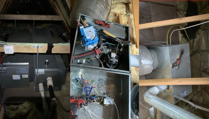 Ducted heat pump indoor unit installation in Point Cook roof space, showing electrical control wiring and insulated duct connection to Mitsubishi Electric system