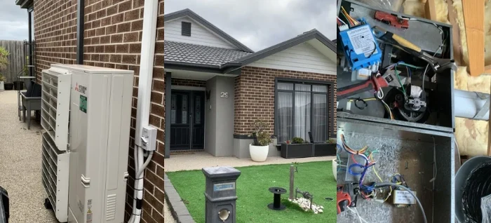 Point Cook home ducted air conditioning upgrade - Mitsubishi Electric outdoor unit installed beside brick house, front elevation, and new electrical wiring connections in ceiling cavity