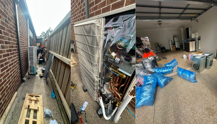 Mitsubishi Electric ducted heat pump installation Point Cook - outdoor condenser unit fitted in side access way with internal coil and wiring exposed, new ducting laid out in garage