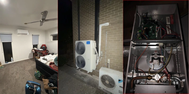 Home split system installation in Macleod for indoor bedroom, lounge, etc, Midea outdoor condenser, and internal control board wiring