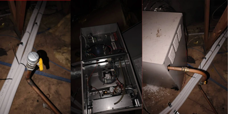 Macleod roof cavity heating installation showing insulated pipework, blower motor internals, and unit casing with copper pipe connection
