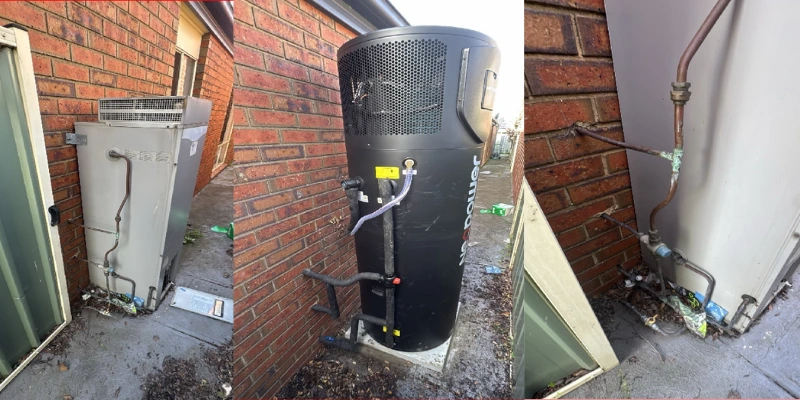 old gas system removed / new 320L heat pump installed, plus a close-up of the copper pipework/fittings