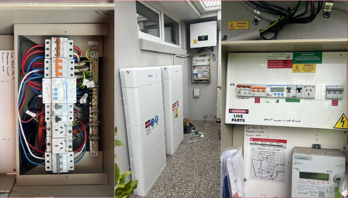 Fraser Rise solar and battery installation switchboard showing colour-coded wiring, RCBO circuit protection, and Danger Live Parts signage for compliant electrical connection