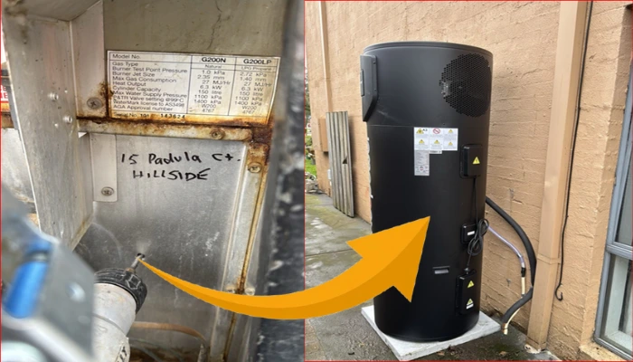 Old gas hot water unit replaced with Neopower 320L heat pump hot water system at Hillside