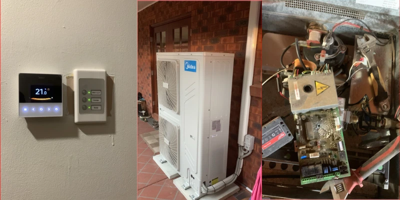 Midea 25kW ducted outdoor condenser unit with lectrician completing wiring connections on Midea ducted system control board