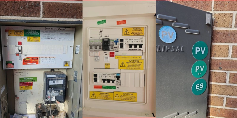 Point Cook solar switchboard upgrade showing meter box, GoodWe-compliant circuit breakers, and Clipsal PV isolation labels