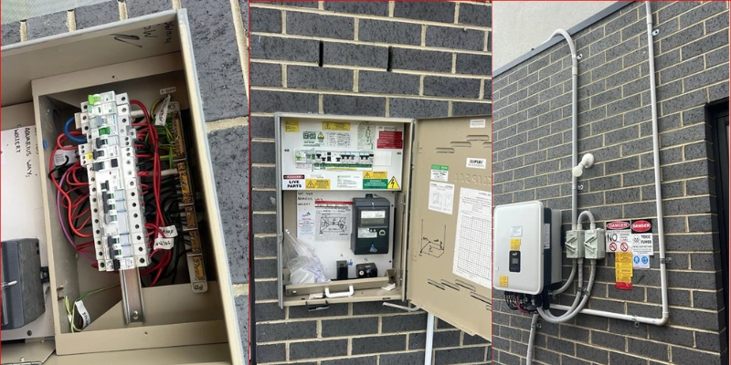 Switchboard upgrade and AS/NZS 4777.2 compliance labelling for a Wollert solar and battery system, featuring internal wiring, certified meter box, and FoxESS KH9.9 inverter with safety signage installed by Green Electric Solutions.
