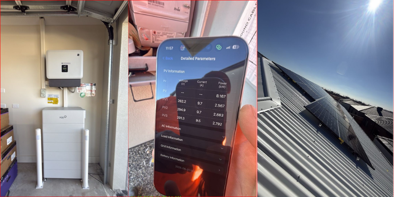 Garage-mounted FoxESS hybrid inverter and battery installed on wall stands, next to a phone screen showing detailed PV string/battery parameters (PV1–PV3 voltage, current, power readings), next to a rooftop shot of panels laid out on a colorbond roof under full sun