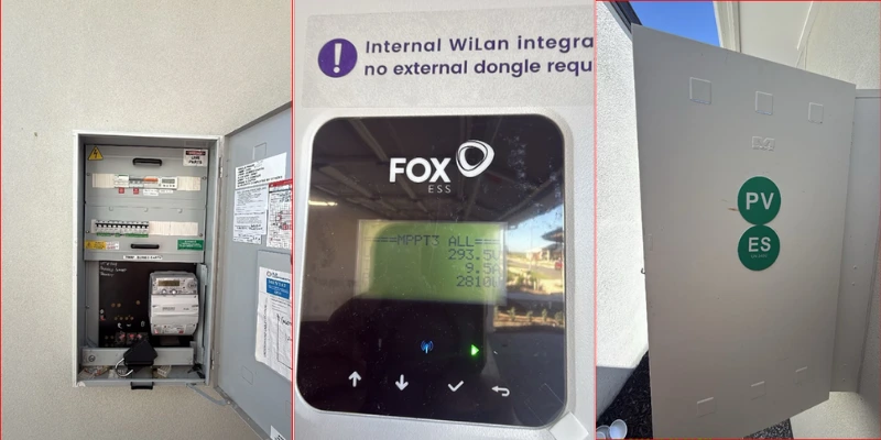 Open switchboard with meter and MCBs, a FoxESS controller display reading MPPT3 output figures, and an external PV/ES combiner/isolator box mounted on the wall.