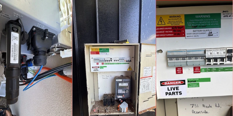 Switchboard and rooftop isolator setup for a solar and battery installation in Deanside