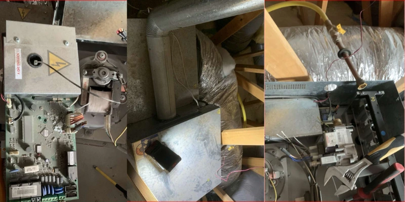 25kw heating and cooling system installation components, including circuit board and gas valve, during service repair in Williams Landing