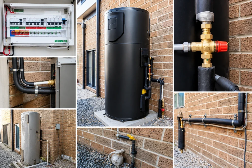 Heat pump hot water system installation in point cook showing switchboard wiring, insulated pipework, brass pressure relief valve, and old tank being replaced with new black heat pump unit on concrete base